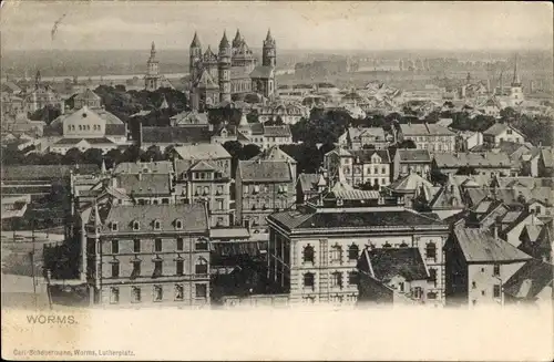 Ak Worms am Rhein, Blick über die Stadt zum Dom