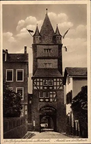 Ak Bacharach am Rhein, Pfalzgrafenschänke, von der Stadtseite