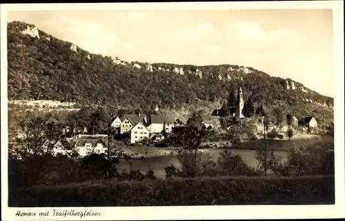 Ak Honau Lichtenstein in Baden Württemberg, Blick zum Ort mit Traifelbergfelsen, Gasthof Olgahöhle