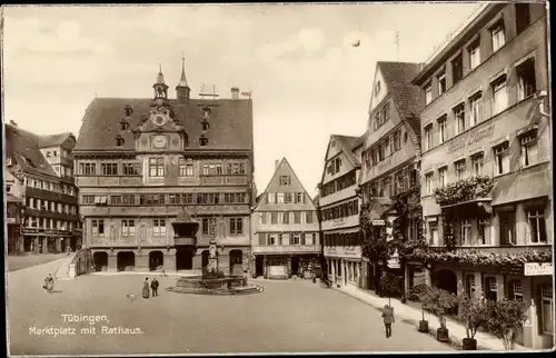 Ak Tübingen am Neckar Baden Württemberg, Marktplatz mit Rathaus, Hotel Lamm