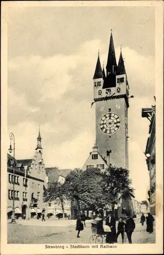 Ak Straubing an der Donau Niederbayern, Stadtturm, Rathaus, Turmuhr, Kinderwagen