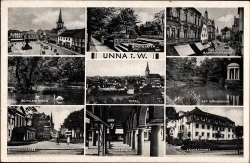 Ak Unna in Westfalen, Bad Königsborn, Landratsamt, Rathausbögen, Schwanenteich, Stadtgarten, Markt
