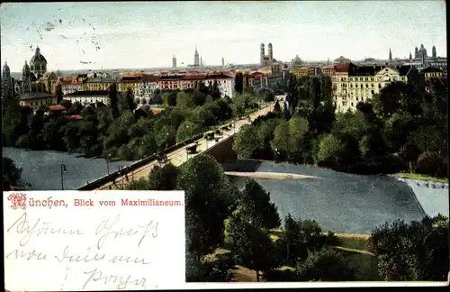 Ak München, Blick vom Maximilianeum, Ortsansicht, Brücke, Pferdekutschen