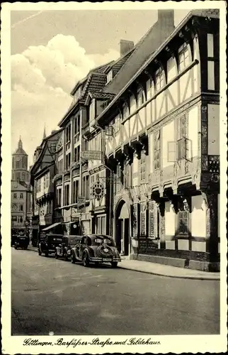 Ak Göttingen in Niedersachsen, Barfüßer-Straße, Gildehaus, Autos, Fachwerkhäuser