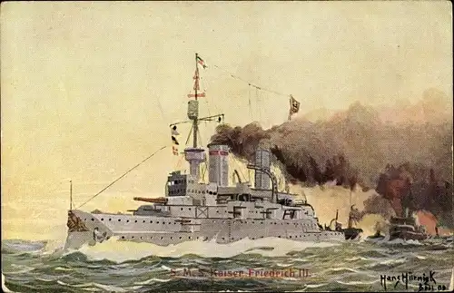 Künstler Ak Hörnigk, Hans, Deutsches Kriegsschiff, SMS Kaiser Friedrich III