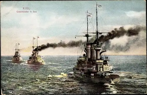 Ak Kiel in Schleswig Holstein, Geschwader in See, Deutsche Kriegsschiffe