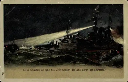 Litho Deutsche Kriegsschiffe, Ableuchten der See durch Scheinwerfer, Kaiserliche Marine