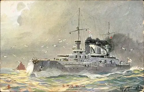 Künstler Ak Hörnigk, Hans, Deutsches Kriegsschiff, SMS Wettin, Linienschiff