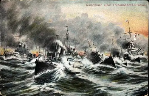 Künstler Ak Deutsche Kriegsschiffe, Durchbruch einer Torpedoboots-Division