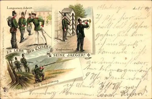 Litho Es lebe der Kaiser und seine Jäger, Deutsche Soldaten in Uniformen
