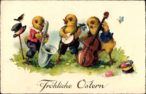 Ak Glückwunsch Ostern, Vermenschlichte Küken mit Musikinstrumenten