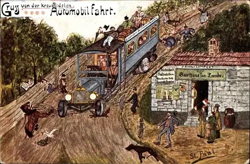 Künstler Ak Paal, St., Gruß von der kreuzfidelen Automobilfahrt, Autobus