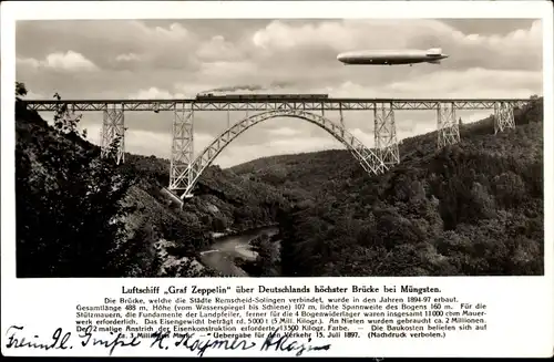 Ak Solingen Nordrhein Westfalen, Müngstener Brücke, Luftschiff LZ 127 Graf Zeppelin über dem Viadukt