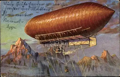 Künstler Ak Stövhase, Zeppelin im Gebirge