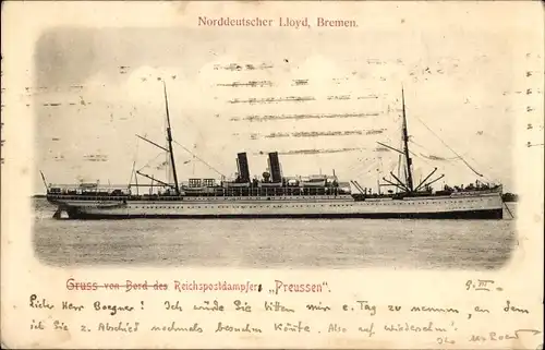 Ak Dampfer Preußen, Reichspostdampfer, Norddeutscher Lloyd Bremen