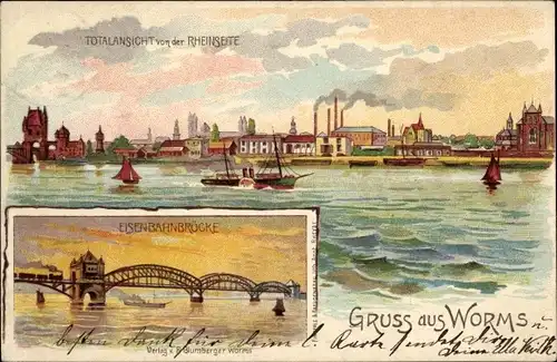 Litho Worms am Rhein, Gesamtansicht von der Rheinseite, Eisenbahnbrücke