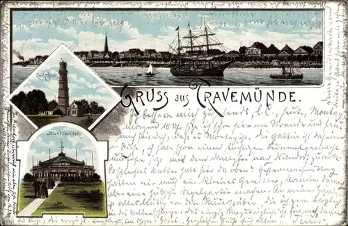 Litho Ostseebad Travemünde Lübeck, Leuchtturm, Segelschiff, Strandpavillon