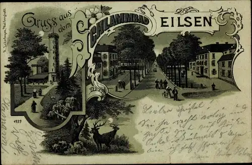 Mondschein Litho Bad Eilsen im Kreis Schaumburg, Straßenpartie, Turm