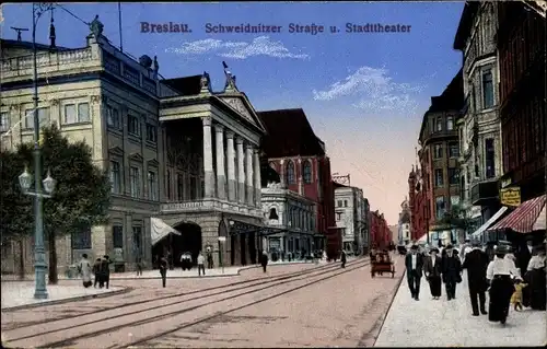 Ak Wrocław Breslau Schlesien, Schweidnitzer Straße und Stadttheater