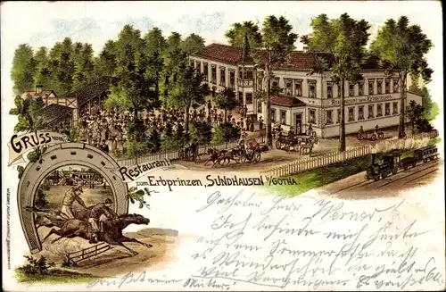 Litho Sundhausen Gotha im Thüringer Becken, Restaurant zum Erbprinzen, Pferde