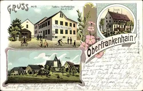 Litho Oberfrankenhain Frohburg in Sachsen, Kirche, Schule, Gasthaus