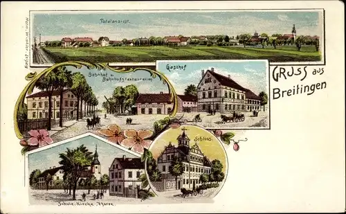 Litho Breitingen in Sachsen, Gasthof, Bahnhof, Schloss, Schule, Kirche
