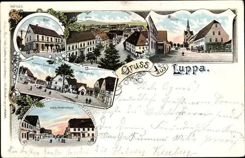 Litho Luppa Wermsdorf in Sachsen, Kirche, Post, Kriegerdenkmal, Friedenseiche