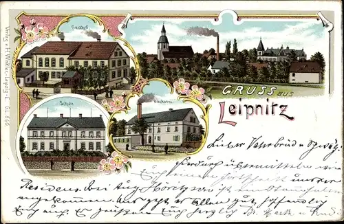 Litho Leipnitz Grimma in Sachsen, Gasthof, Kirche, Schule, Bäckerei