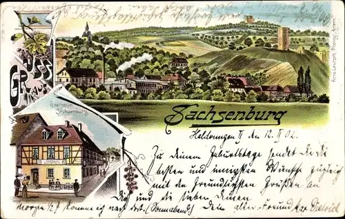 Litho Sachsenburg Oldisleben im Kyffhäuserkreis, Gasthaus, Totalansicht