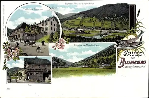 Litho Blumenau Schwarzatal in Thüringen, Zirkel, Gasthaus, Gesamtansicht