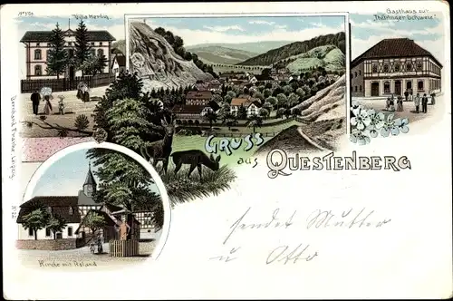 Litho Questenberg Südharz, Villa Herbig, Kirche, Roland, Gasthaus zur Thüringer Schweiz