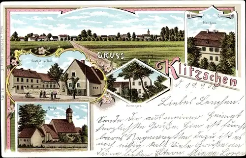 Litho Klitzschen Mockrehna in Sachsen, Gasthof, Post, Kirche, Herrenhaus, Pfarrhaus