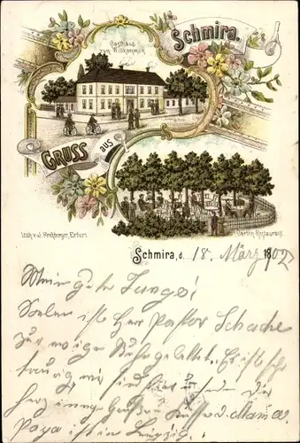Litho Schmira Erfurt in Thüringen, Gasthaus zum Willkommen, Gartenrestaurant