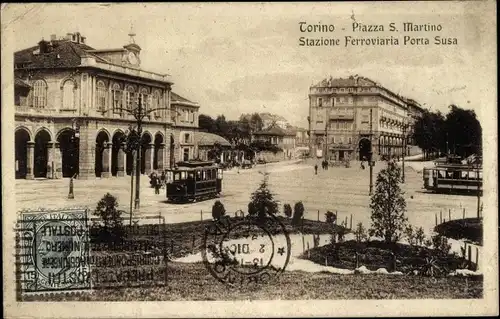 Ak Torino Turin Piemonte, Piazza S. Martino, Bahnhof Porta Susa, Straßenbahn