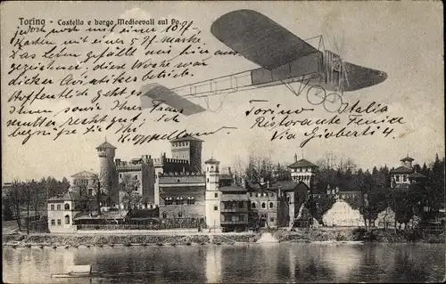 Ak Torino Turin Piemonte, Castello e borgo Medioevali sul Po, Flugzeug