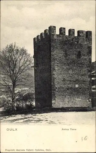 Ak Oulx Torino Turin Piemonte, Antica Torre, Straßenpartie mit Blick auf einen Wehrturm