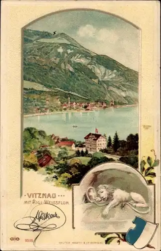 Präge Litho Vitznau Kanton Luzern, Gesamtansicht, Monument, Löwe, Wappen