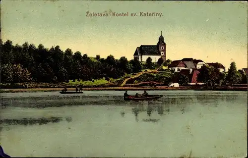 Ak Želetava Schelletau Region Hochland, St. Katharinenkirche, Ruderboot