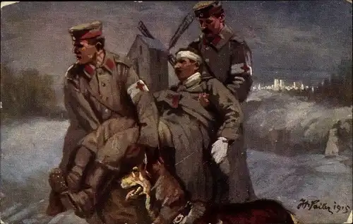 Künstler Ak Sailer, Verwundeter wird von Sanitätern abtransportiert, Sanitätshund, I. WK