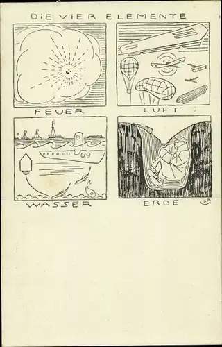 Künstler Ak Arnold, Karl, Liller Kriegszeitung, die vier Elemente, Zeppelin, U Boot, Schützengraben