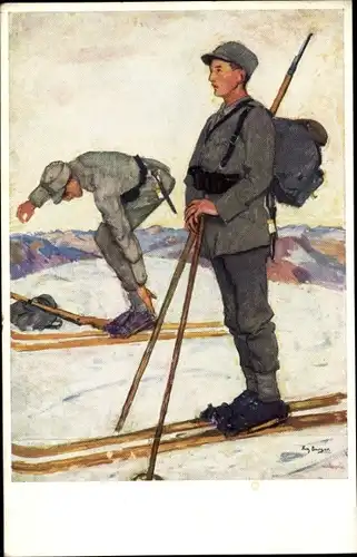 Künstler Ak Gebirgsjägerbataillon, 19. bayer. Infanterie-Regiment, Soldaten auf Skiern