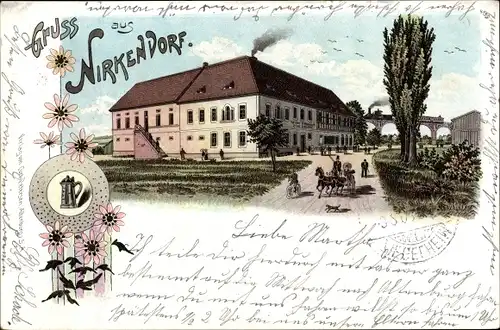 Litho Nirkendorf Nobitz Thüringen, Blick auf den Gasthof, Julius Schönfeld, Kutsche