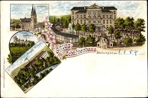 Litho Meiningen in Thüringen, Schützenhaus, Stadtkirche, Schloss Landsberg