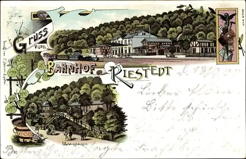 Litho Riestedt Sangerhausen im Kreis Mansfeld Südharz, Waldrestaurant, Bahnhof, Gleisseite