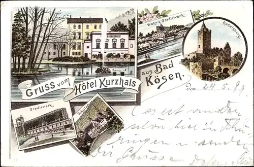 Litho Bad Kösen Naumburg an der Saale, Hotel Kurzhals, Gradierwerk, Schulpforta, Rudelsburg