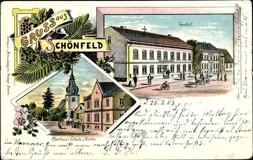 Litho Schönfeld Artern an der Unstrut im Kyffhäuserkreis, Gasthof, Pfarrhaus, Schule, Kirche