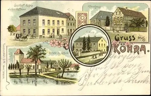 Litho Köhra Belgershain in Sachsen, Gasthof von Julius Hoffmann, Kirche, Schule, Pfarrhaus