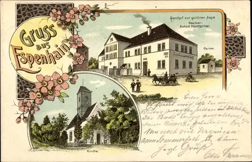 Litho Espenhain Rötha in Sachsen, Gasthof zur goldnen Aspe, Kirche