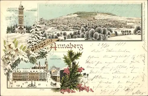 Winter Litho Annaberg Buchholz im Erzgebirge, Aussichtsturm auf dem Pöhlberg, Marktplatz, Totale