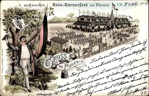 Litho Plauen im Vogtland, 2. Sächsisches Kreisturnerfest 1897, Fahne, Sportplatz